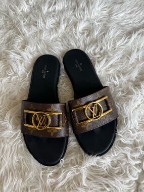 Louis Vuitton Brown Monogram Slides with Gold LV Emblem